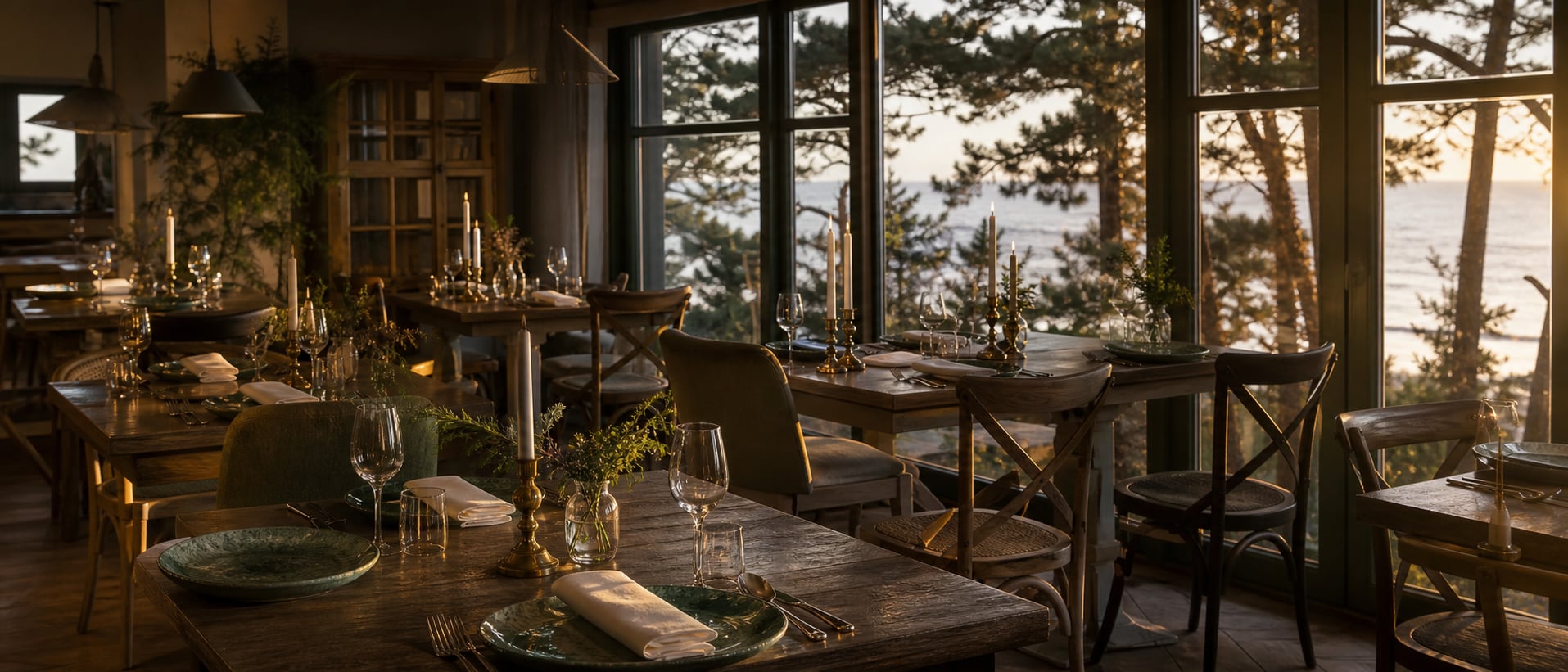 Sala główna restauracji z widokiem na sosnowy las
